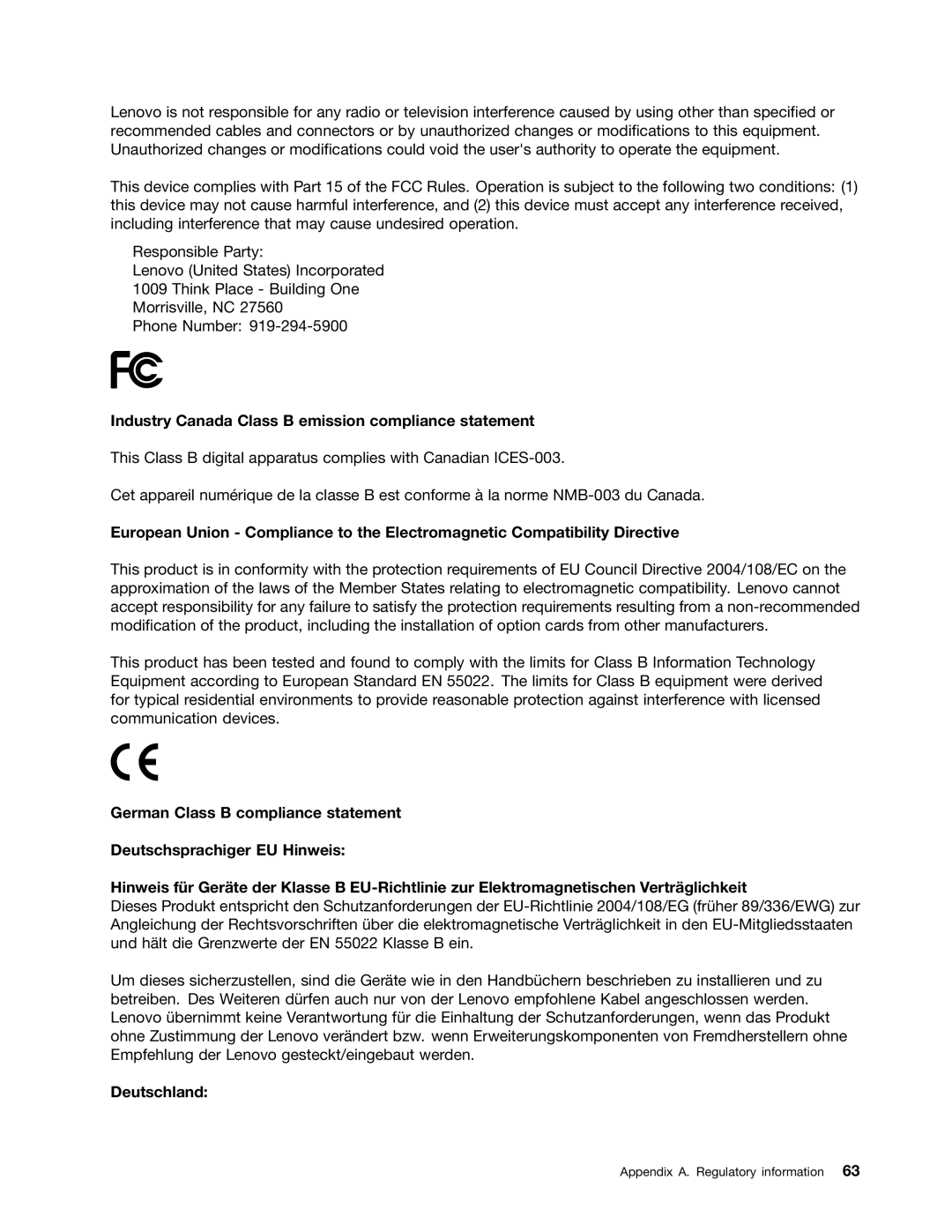 Lenovo B485 manual Industry Canada Class B emission compliance statement, Deutschland 