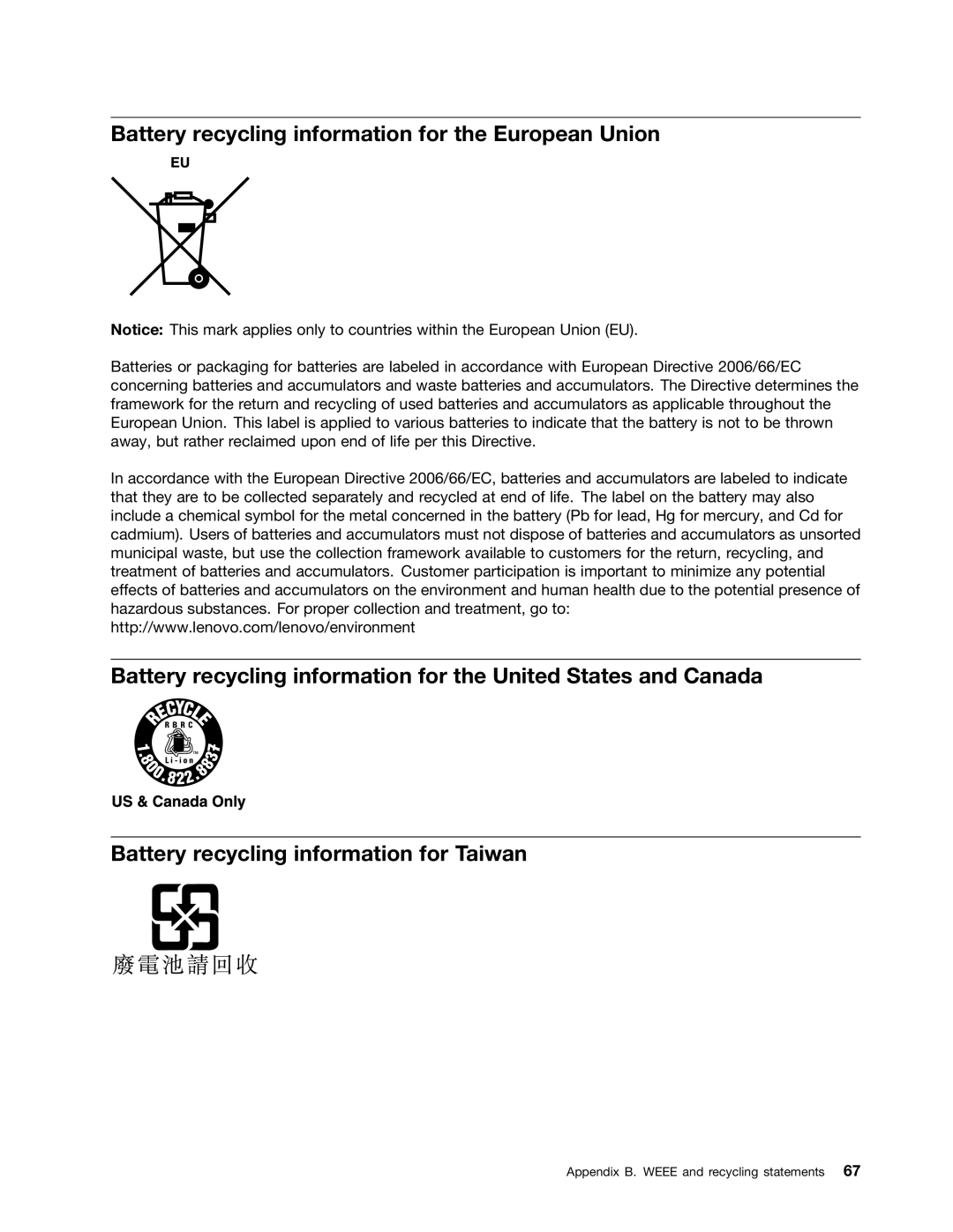 Lenovo B485 manual Battery recycling information for the European Union 