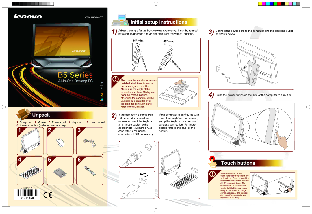 Lenovo B5 user manual Initial setup instructions, Unpack, Touch buttons, Version 