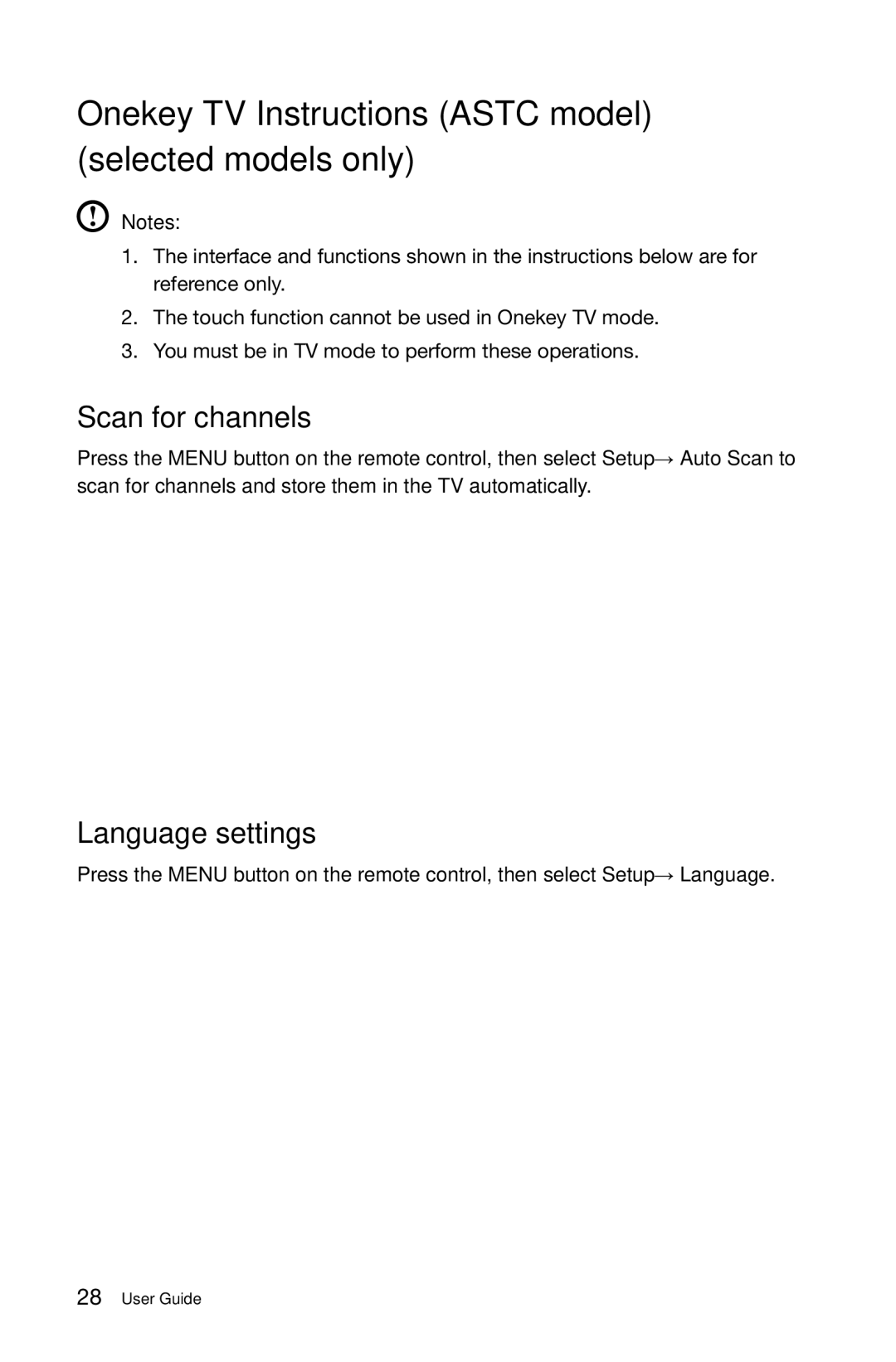 Lenovo B345, B540p, B545, B340 Onekey TV Instructions Astc model selected models only, Scan for channels, Language settings 