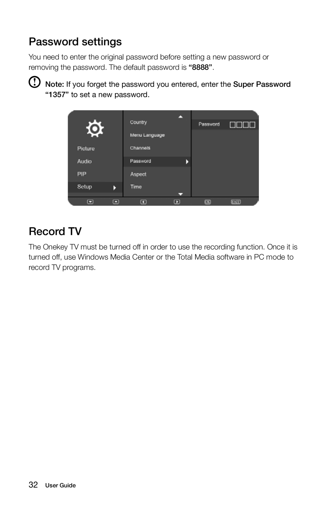 Lenovo 10098/2567, B545, B345, B340, 10101/3363 [B540p], 10099/2568 [B540], 10097/2566 manual Password settings, Record TV 