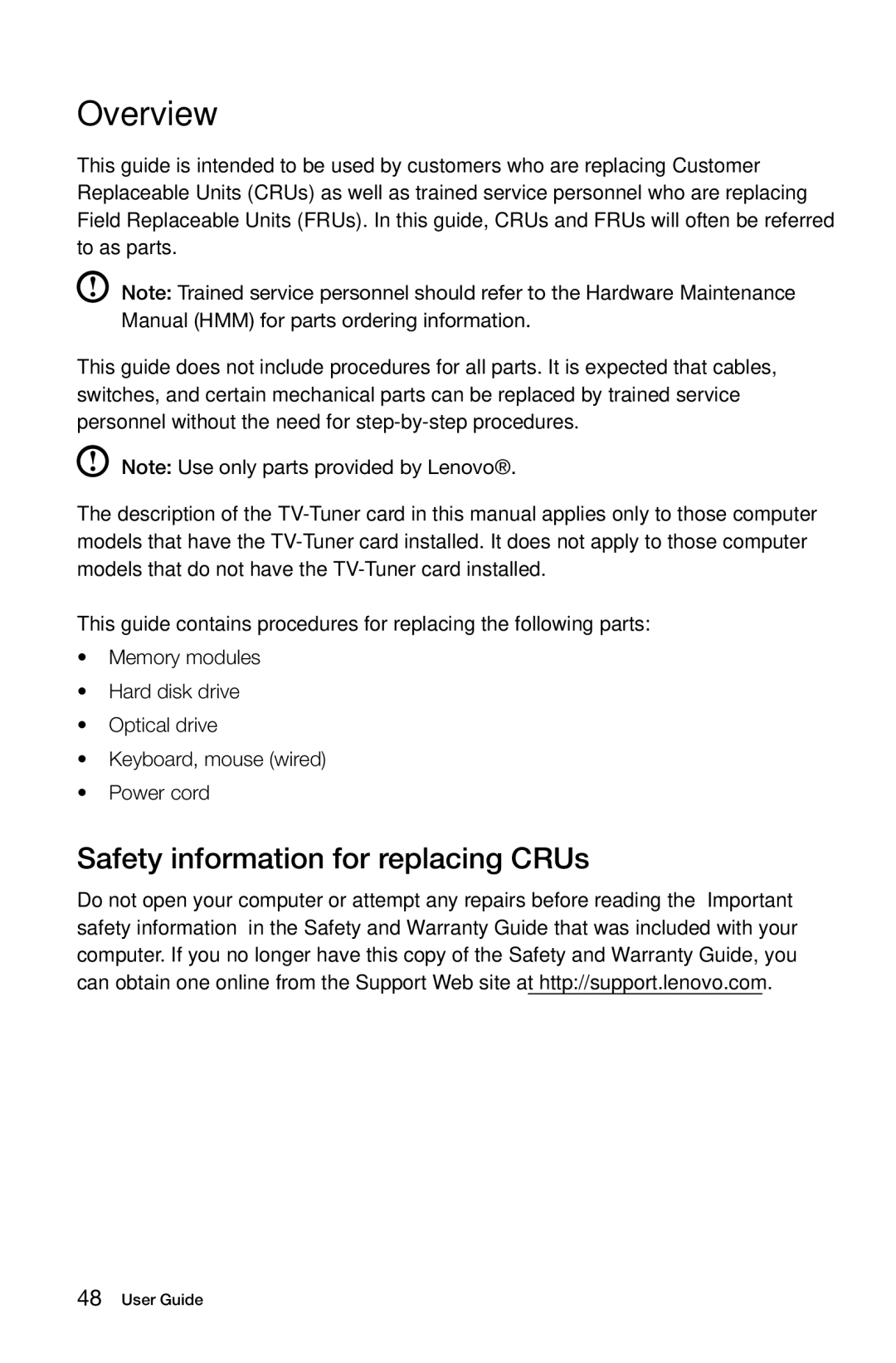 Lenovo 10099/2568, B545, B345, B340, 10101/3363 [B540p], 10098/2567 manual Overview, Safety information for replacing CRUs 