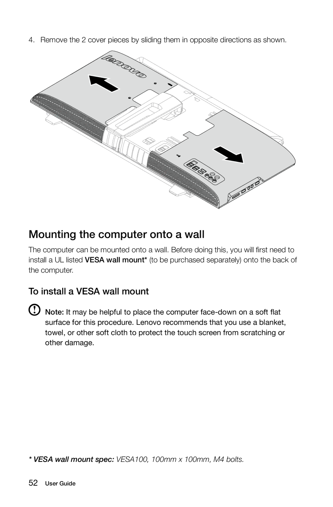 Lenovo 10097/2566, B545, B345, B340, 10101/3363 [B540p] Mounting the computer onto a wall, To install a Vesa wall mount 