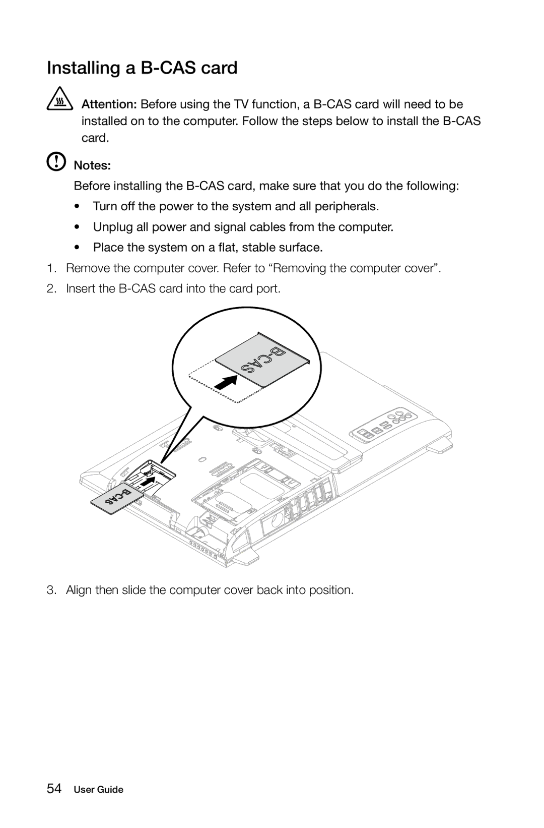 Lenovo 10100/4749 [B545], B345, B340, 10101/3363 [B540p], 10098/2567, 10099/2568 [B540] manual Installing a B-CAS card 