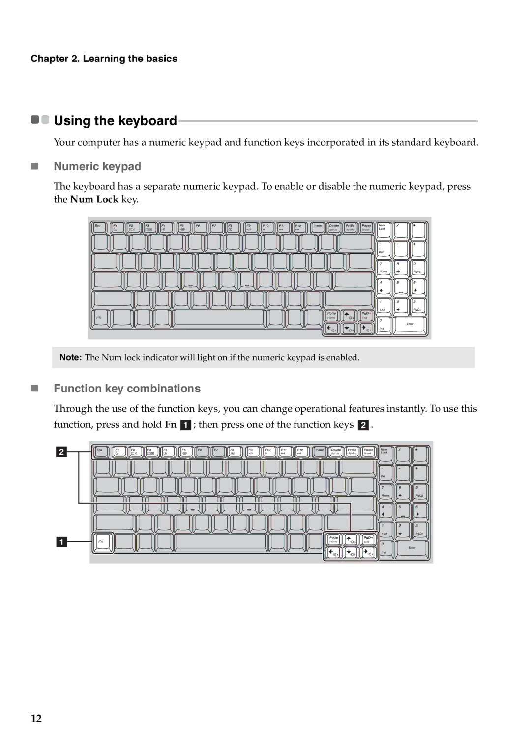 Lenovo B560 manual „ Numeric keypad, „ Function key combinations 