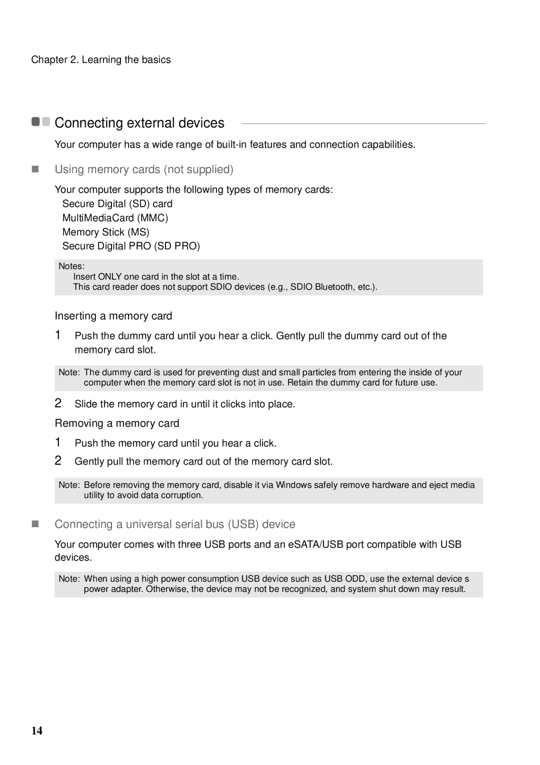 Lenovo B560 Connecting external devices, „ Using memory cards not supplied, „ Connecting a universal serial bus USB device 