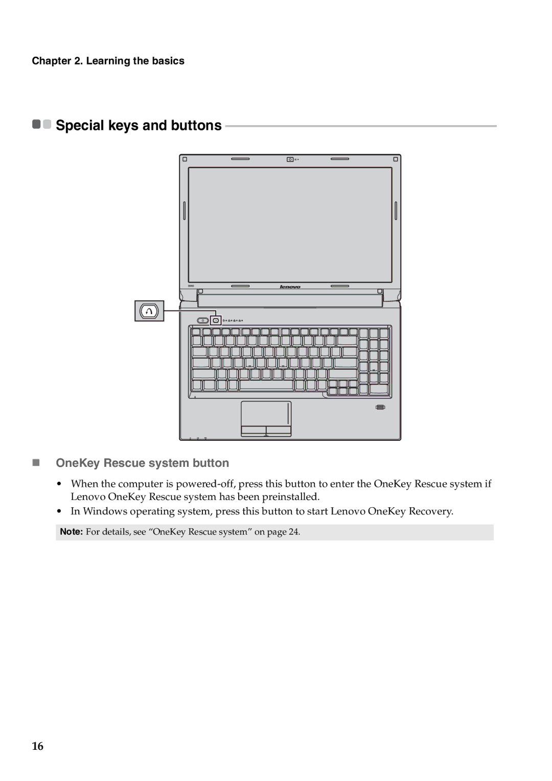 Lenovo B560 manual Special keys and buttons, „ OneKey Rescue system button 