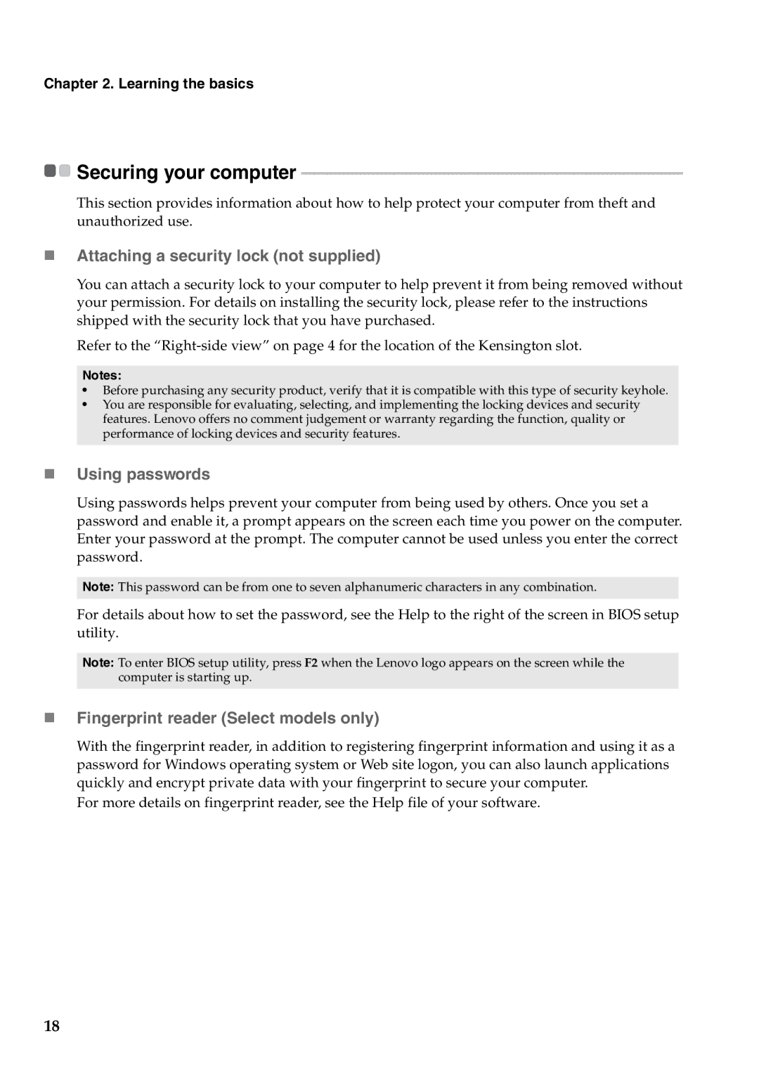 Lenovo B560 manual Securing your computer, „ Attaching a security lock not supplied, „ Using passwords 