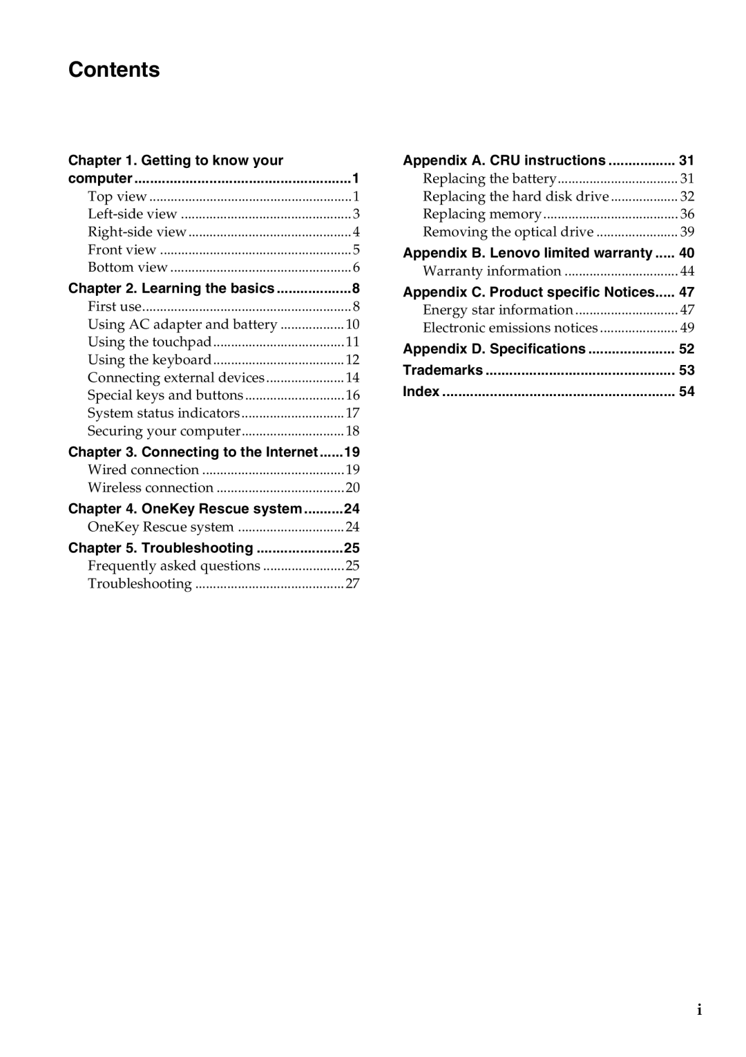 Lenovo B560 manual Contents 