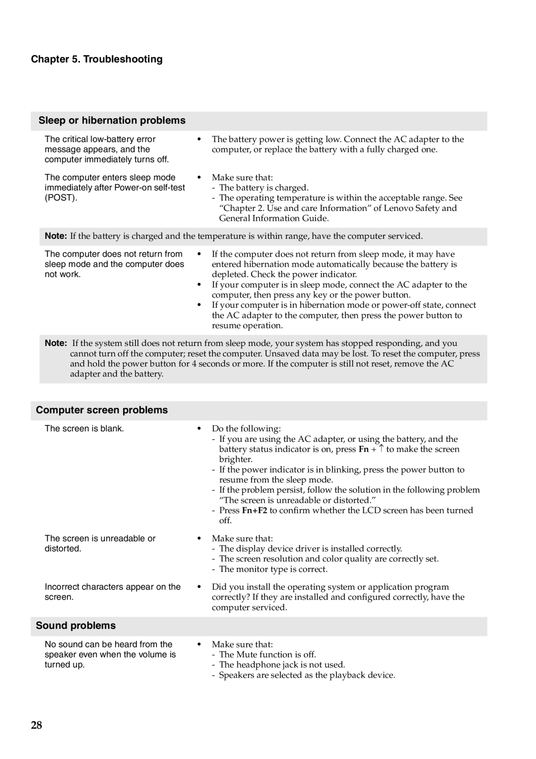 Lenovo B560 manual Troubleshooting Sleep or hibernation problems, Computer screen problems, Sound problems 