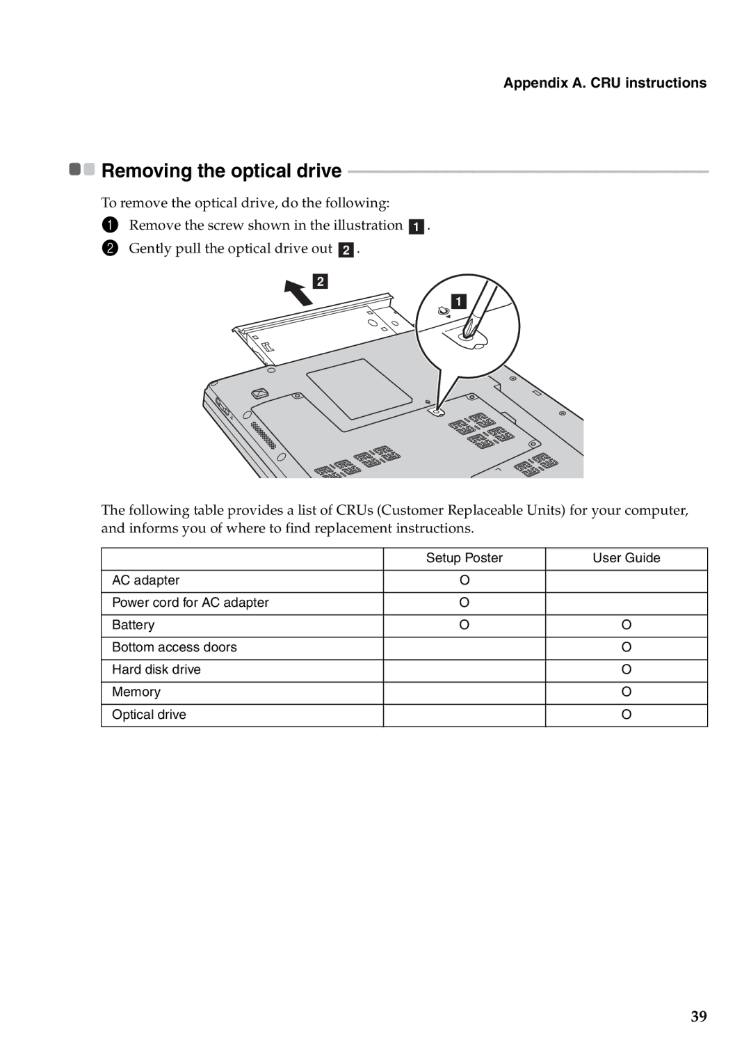 Lenovo B560 manual Removing the optical drive 