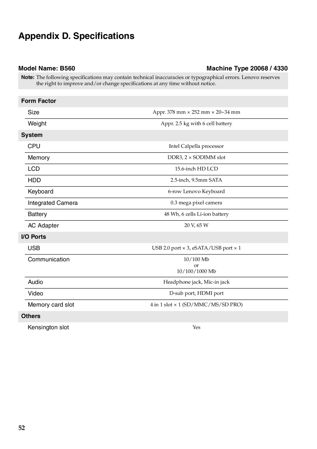 Lenovo manual Appendix D. Specifications, Model Name B560 Machine Type 20068 Form Factor, System, Ports, Others 