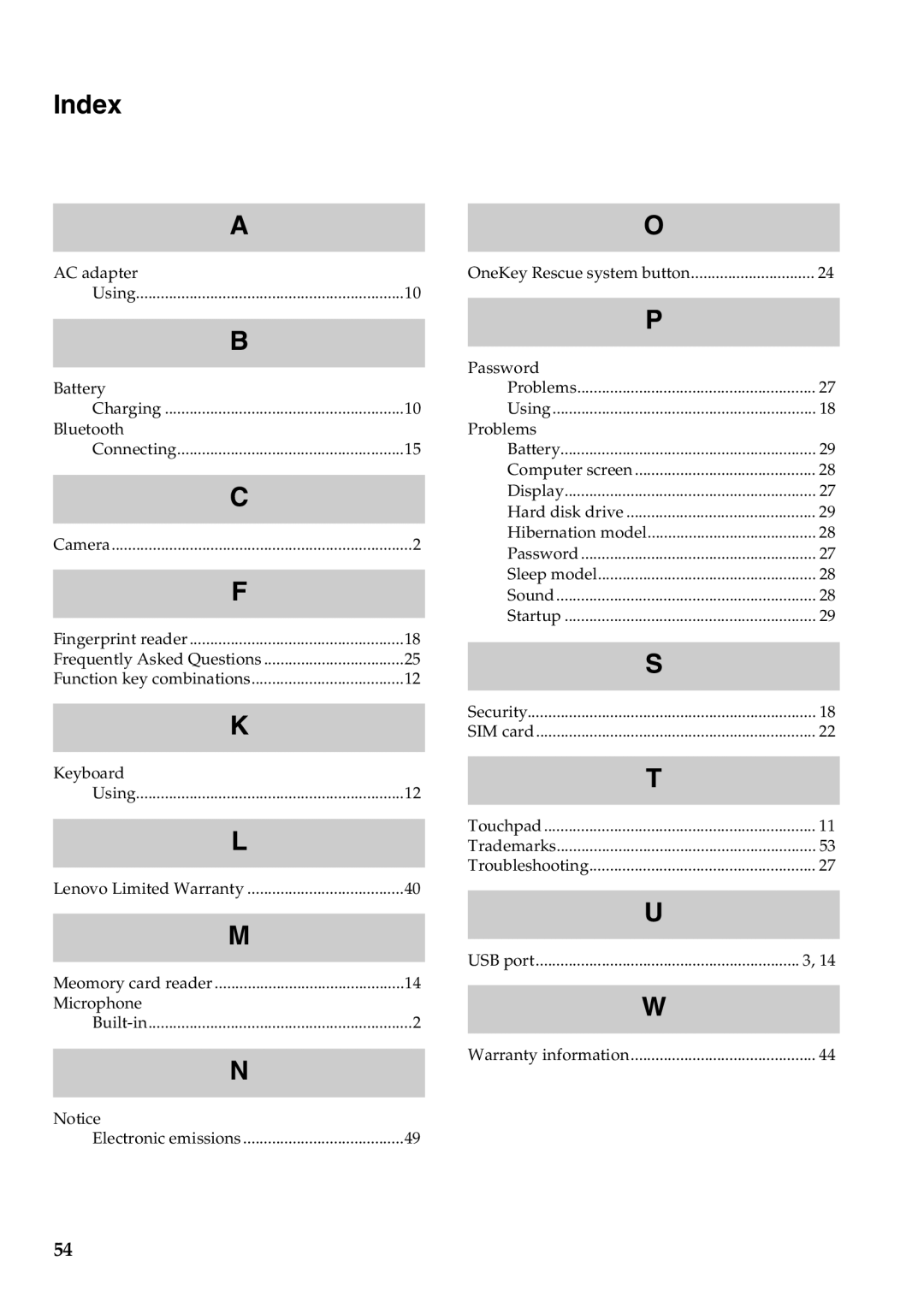 Lenovo B560 manual Index, Problems 