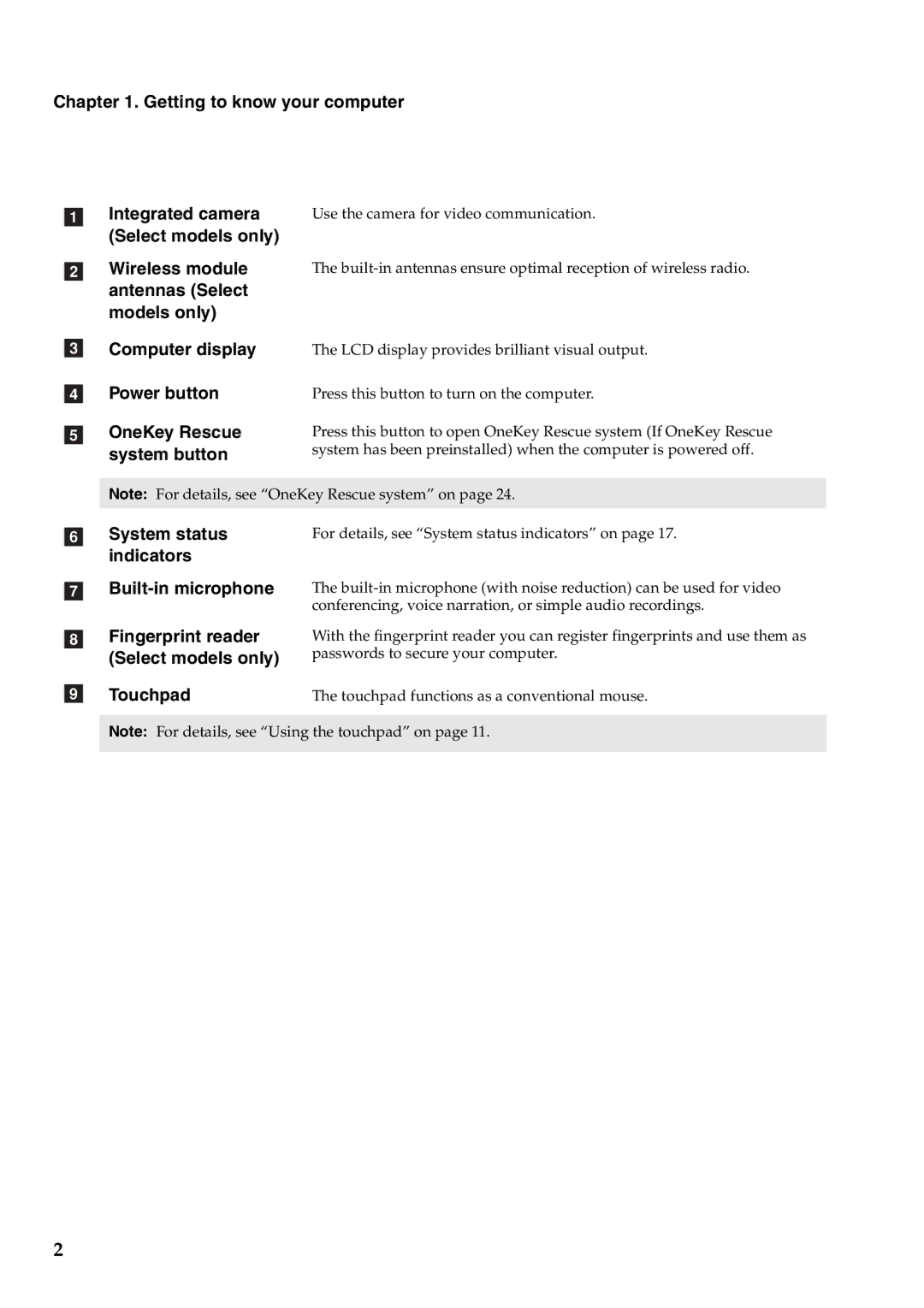 Lenovo B560 manual Getting to know your computer, Select models only Wireless module, System status, Touchpad 