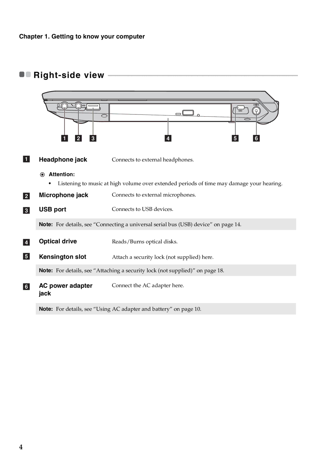 Lenovo B560 manual Right-side view, Headphone jack 