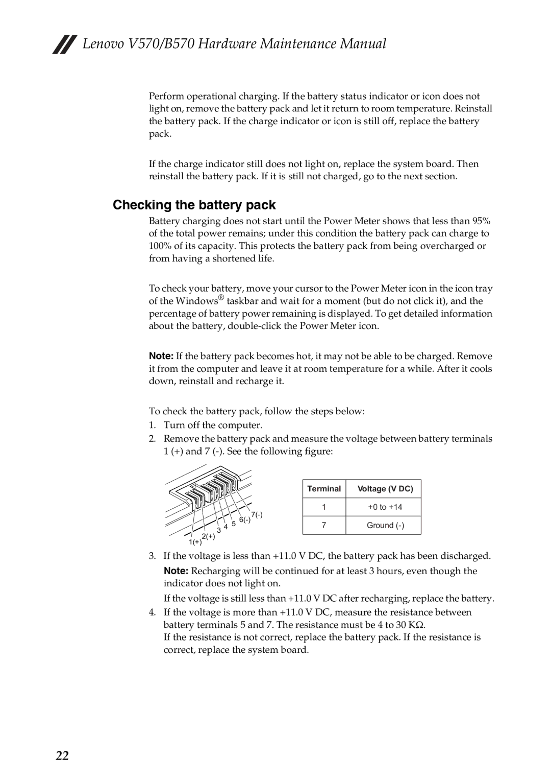 Lenovo B570, V570 manual Checking the battery pack 