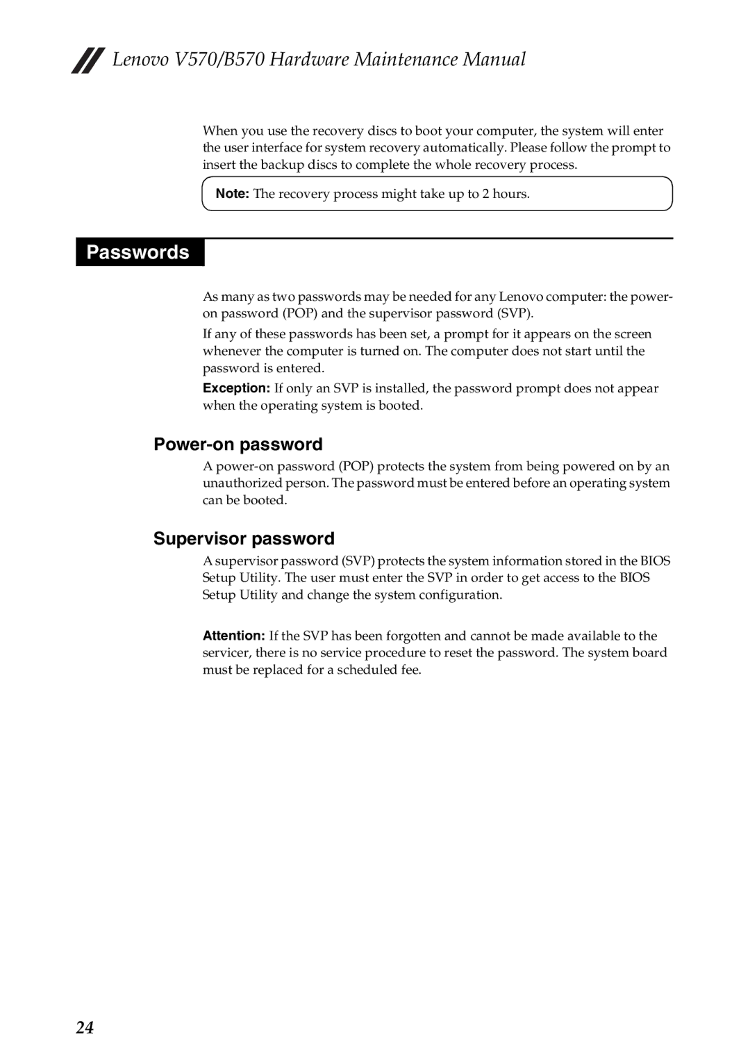 Lenovo B570, V570 manual Passwords, Power-on password, Supervisor password 