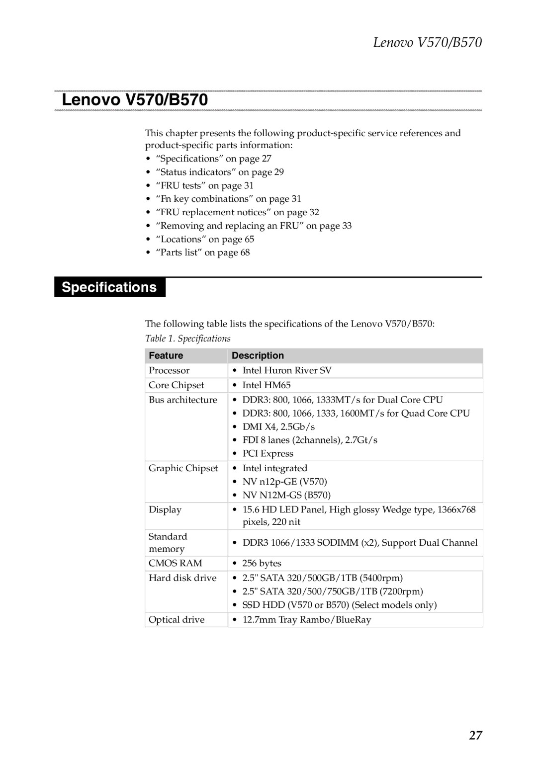 Lenovo V570, B570 manual Specifications, Feature Description 