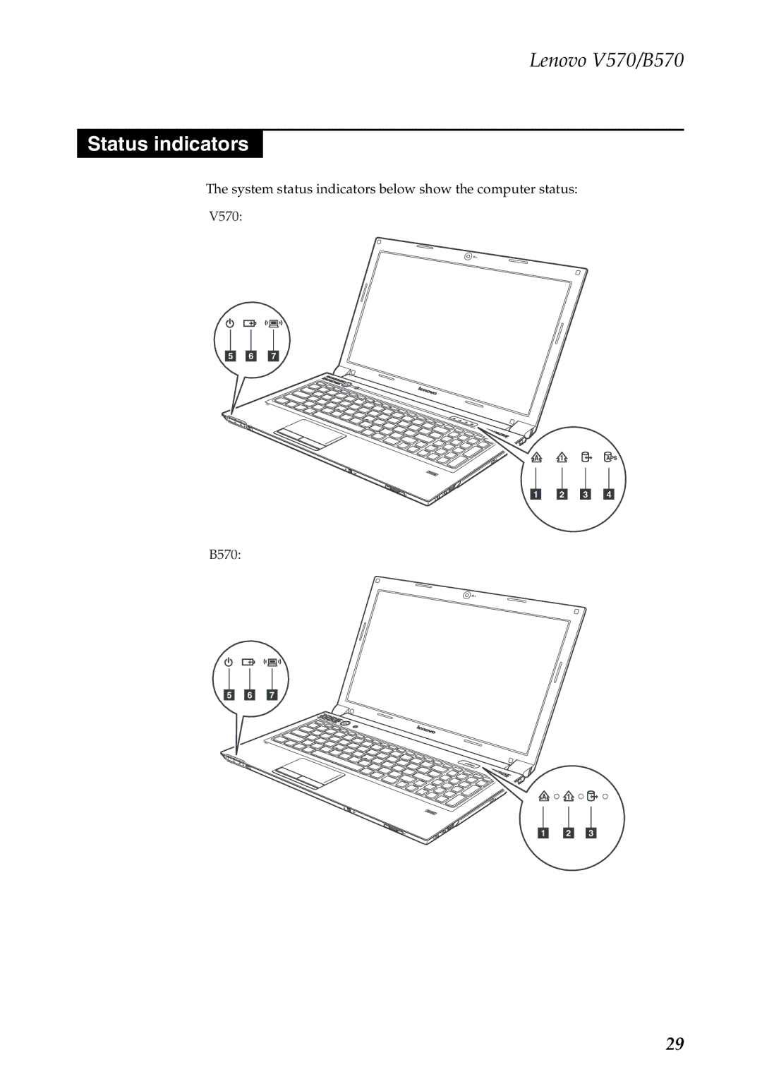 Lenovo V570, B570 manual Status indicators 