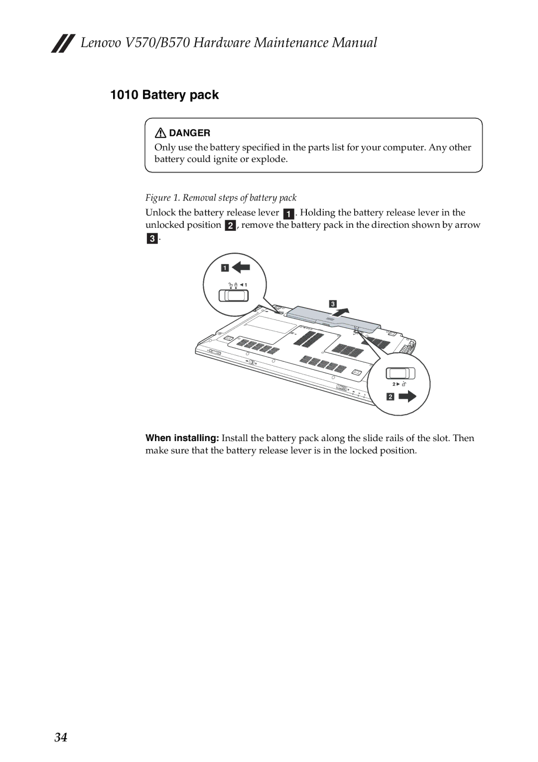 Lenovo B570, V570 manual Battery pack, Removal steps of battery pack 