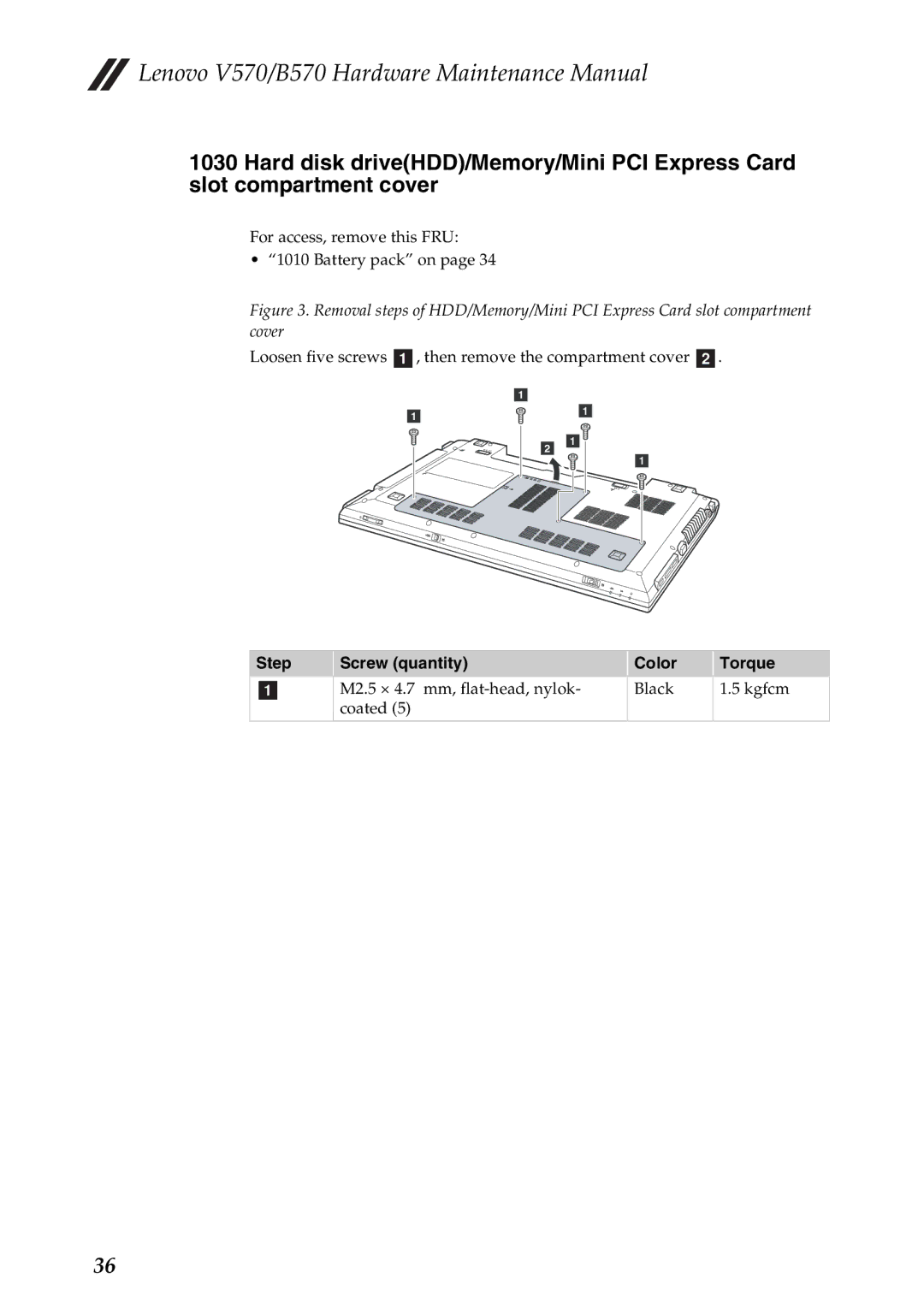 Lenovo B570, V570 manual Step Screw quantity Color Torque 