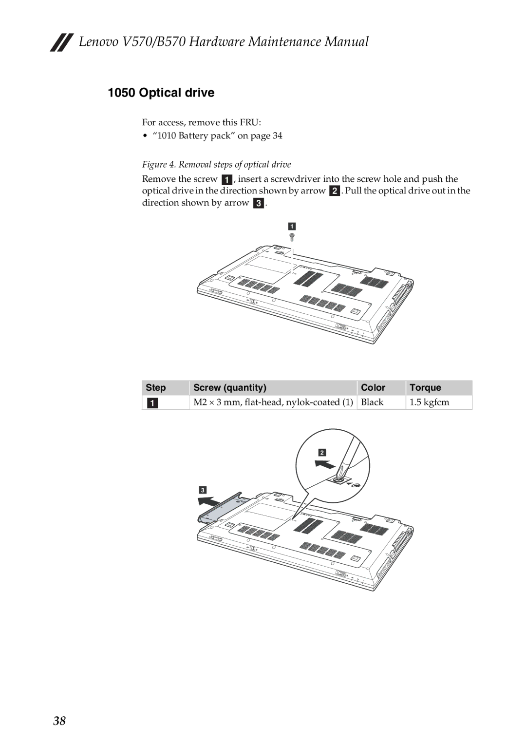 Lenovo B570, V570 manual Optical drive, Removal steps of optical drive 