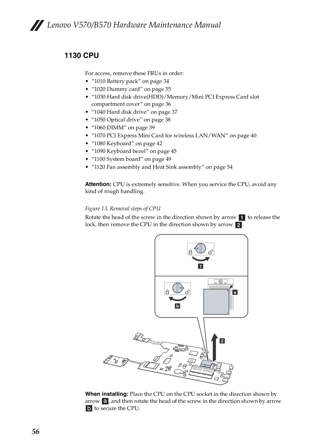 Lenovo B570, V570 manual 1130 CPU, Removal steps of CPU 