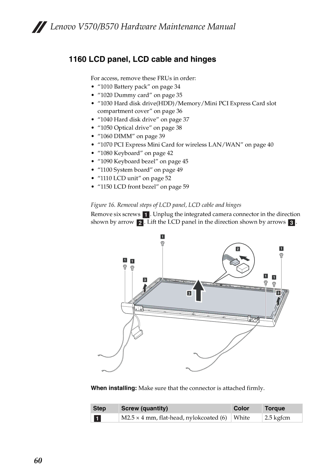 Lenovo B570, V570 manual Removal steps of LCD panel, LCD cable and hinges 