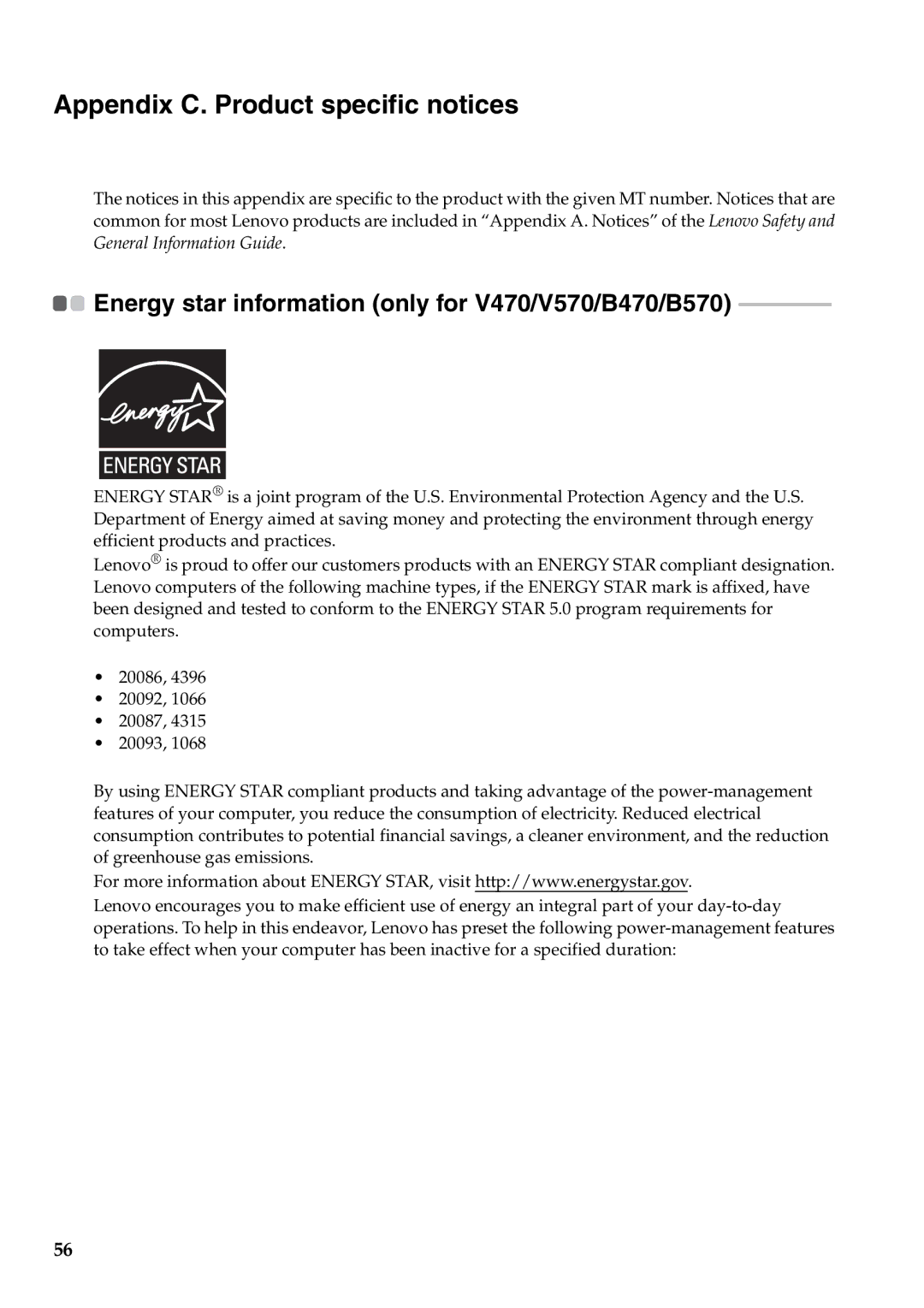 Lenovo B570E manual Appendix C. Product specific notices, Energy star information only for V470/V570/B470/B570 