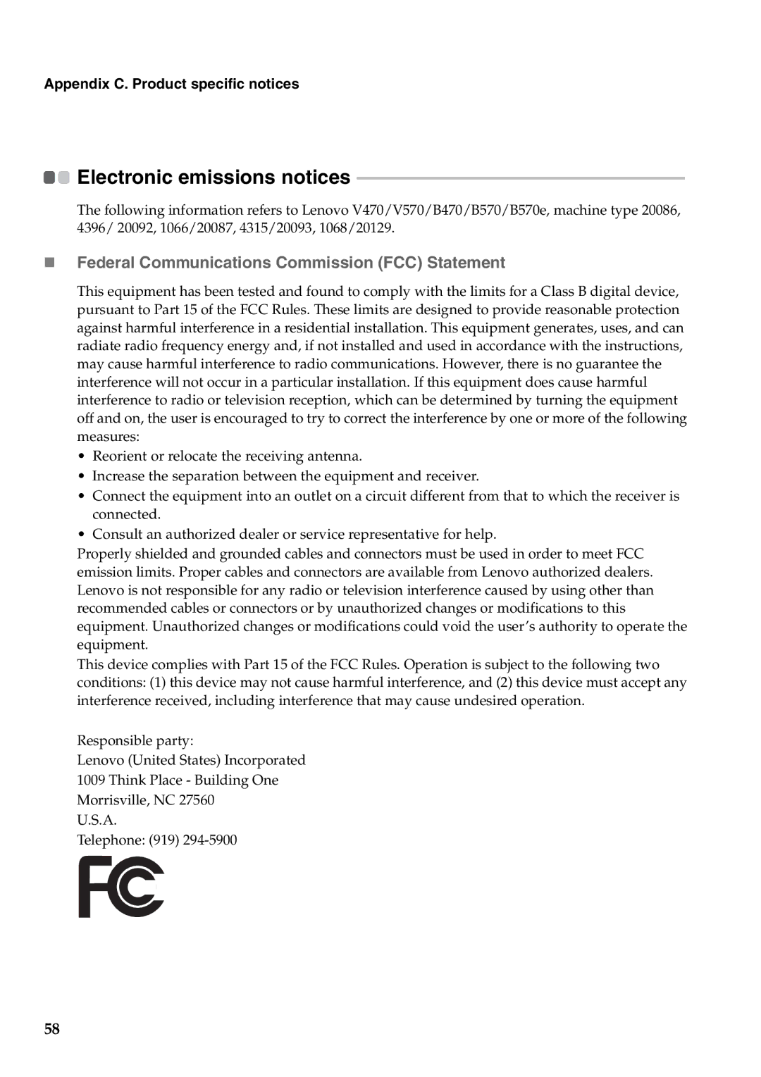 Lenovo B570E manual Electronic emissions notices, „ Federal Communications Commission FCC Statement 