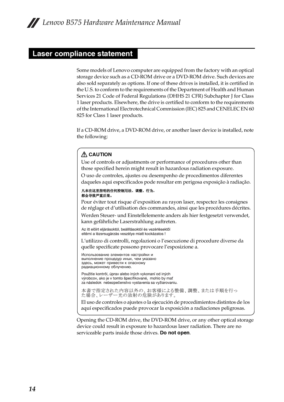 Lenovo B575 manual Laser compliance statement 