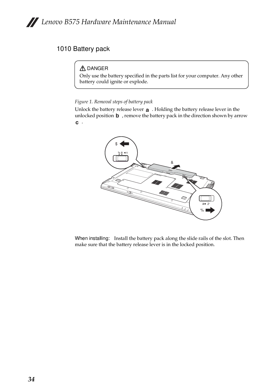 Lenovo B575 manual Battery pack, Removal steps of battery pack 