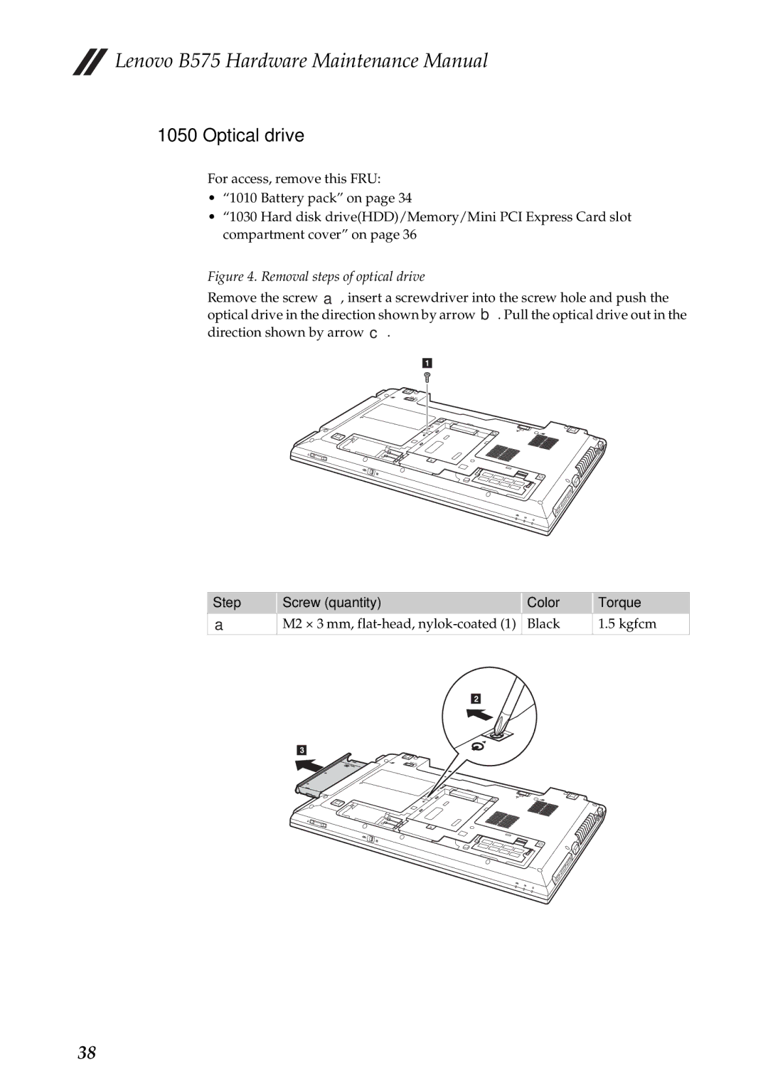 Lenovo B575 manual Optical drive, Removal steps of optical drive 