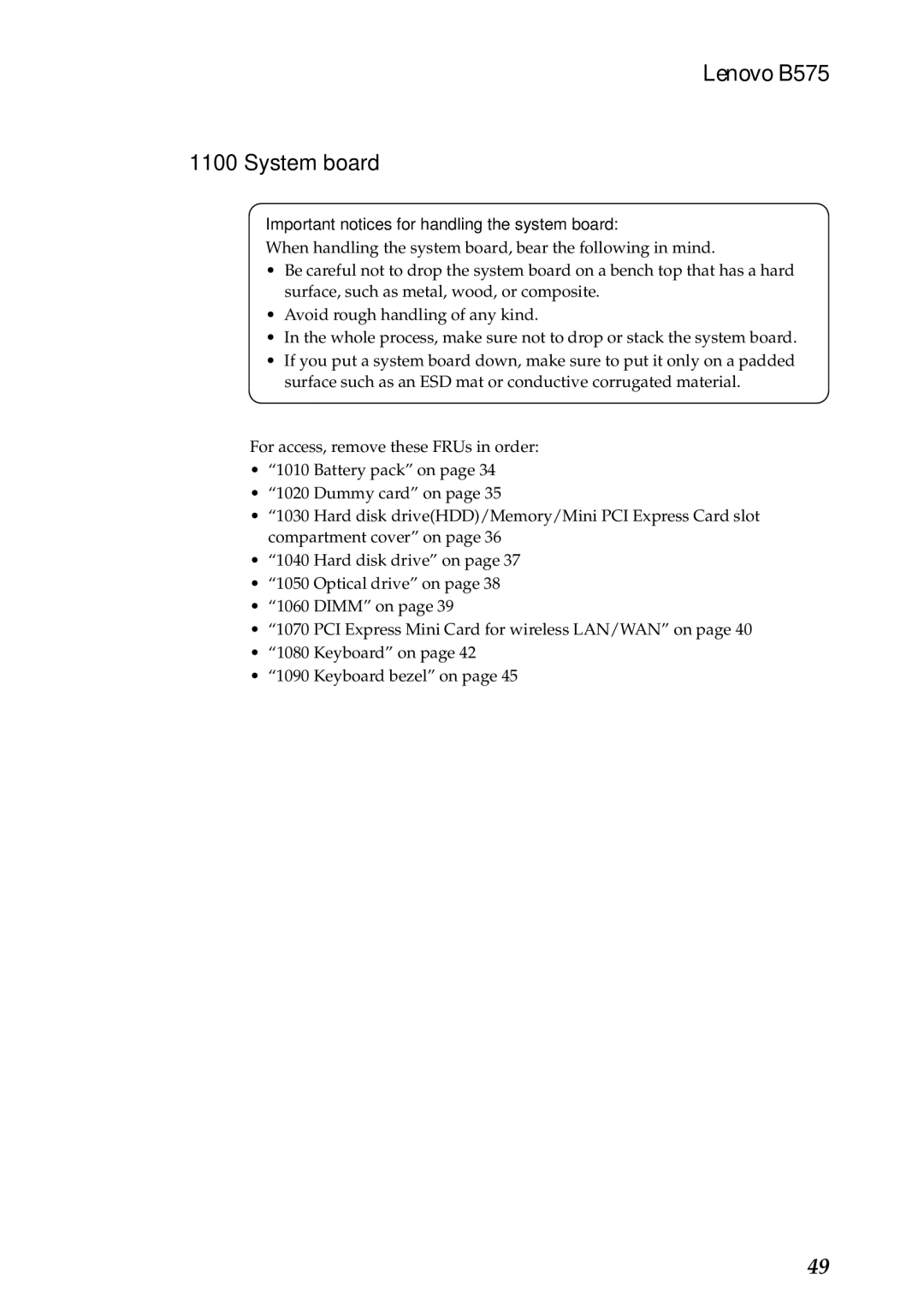 Lenovo B575 manual System board, Important notices for handling the system board 