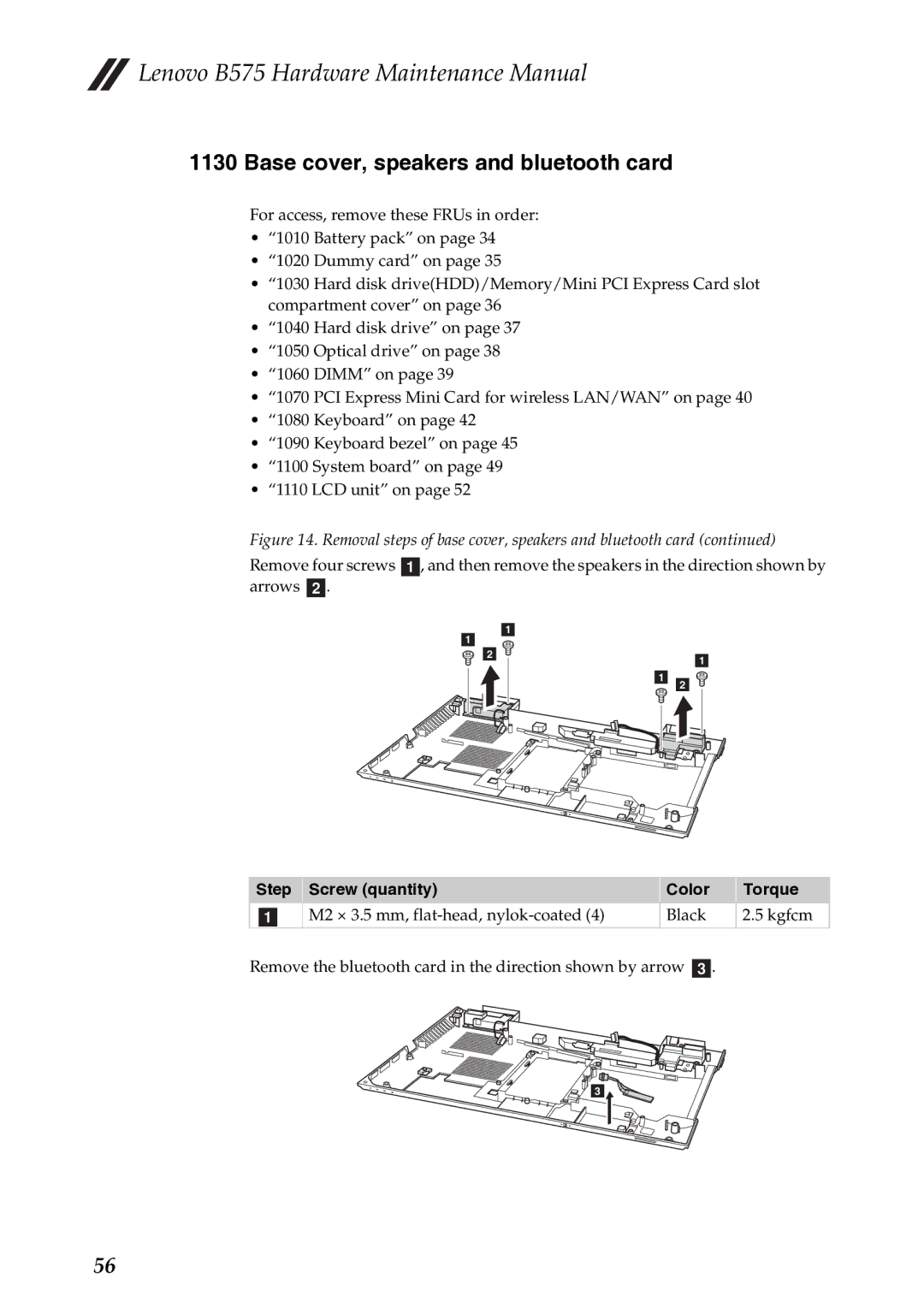 Lenovo B575 manual Base cover, speakers and bluetooth card, Step Screw quantity Color Torque 