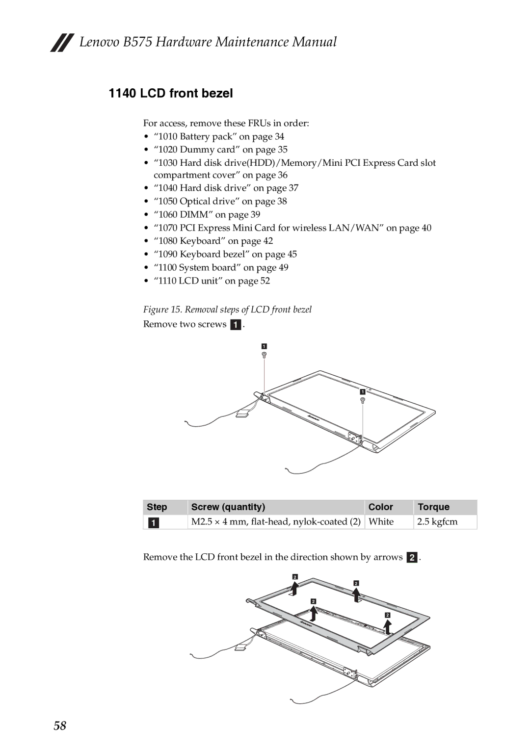 Lenovo B575 manual Removal steps of LCD front bezel 