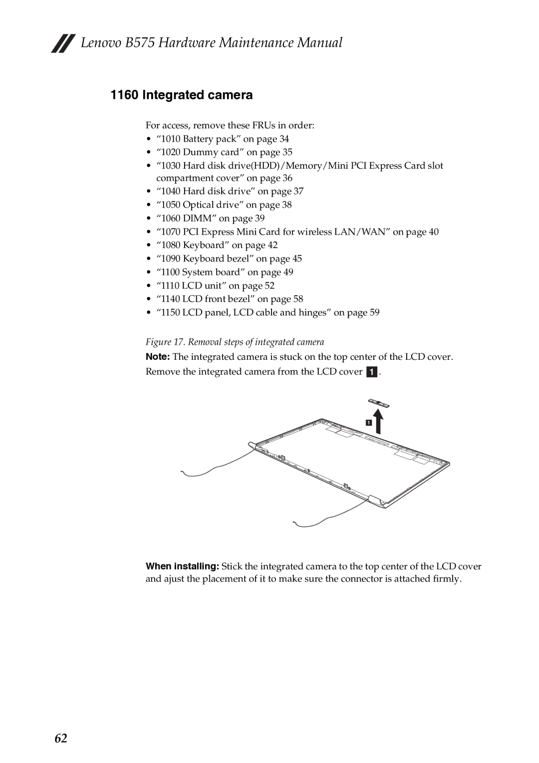 Lenovo B575 manual Integrated camera, Removal steps of integrated camera 