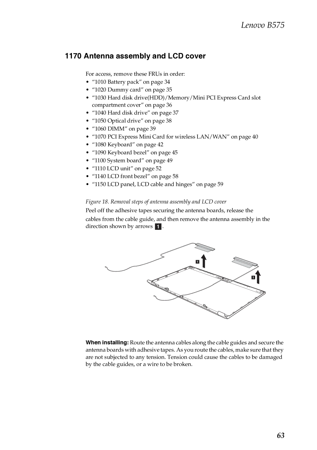 Lenovo B575 manual Antenna assembly and LCD cover, Removal steps of antenna assembly and LCD cover 