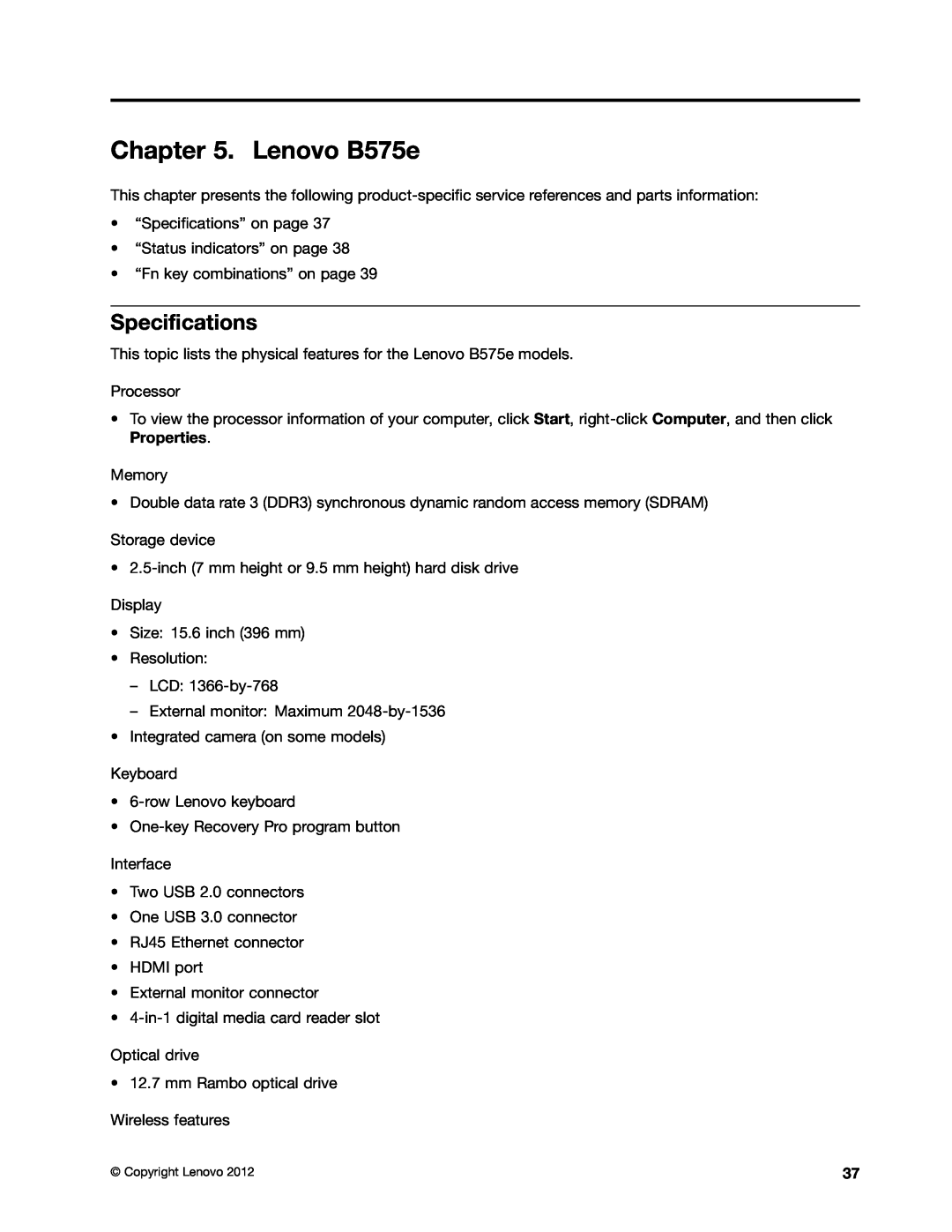 Lenovo B575E manual Lenovo B575e, Specifications 