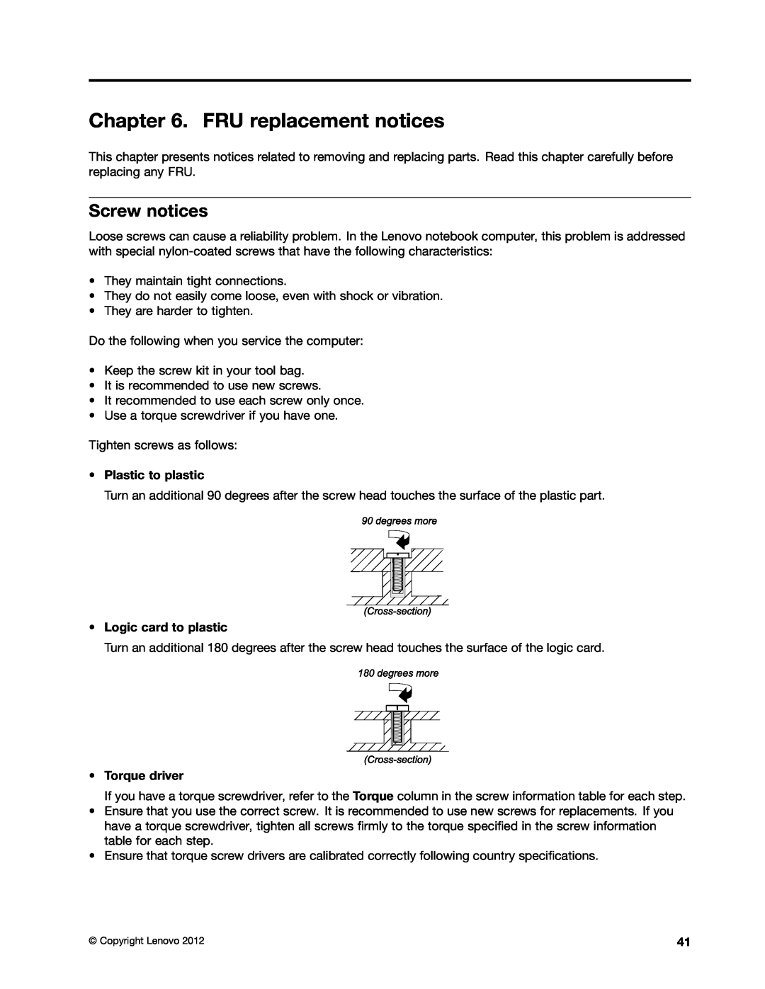 Lenovo B575E manual FRU replacement notices, Screw notices, Plastic to plastic, Logic card to plastic, Torque driver 