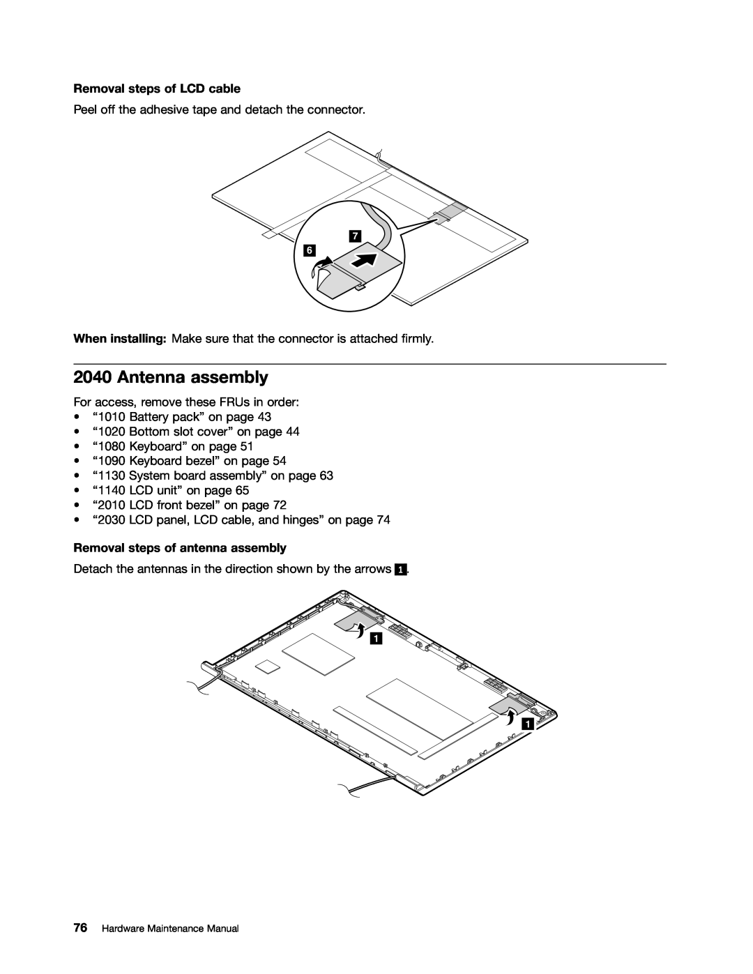 Lenovo B575E manual Antenna assembly, Removal steps of LCD cable, Removal steps of antenna assembly 