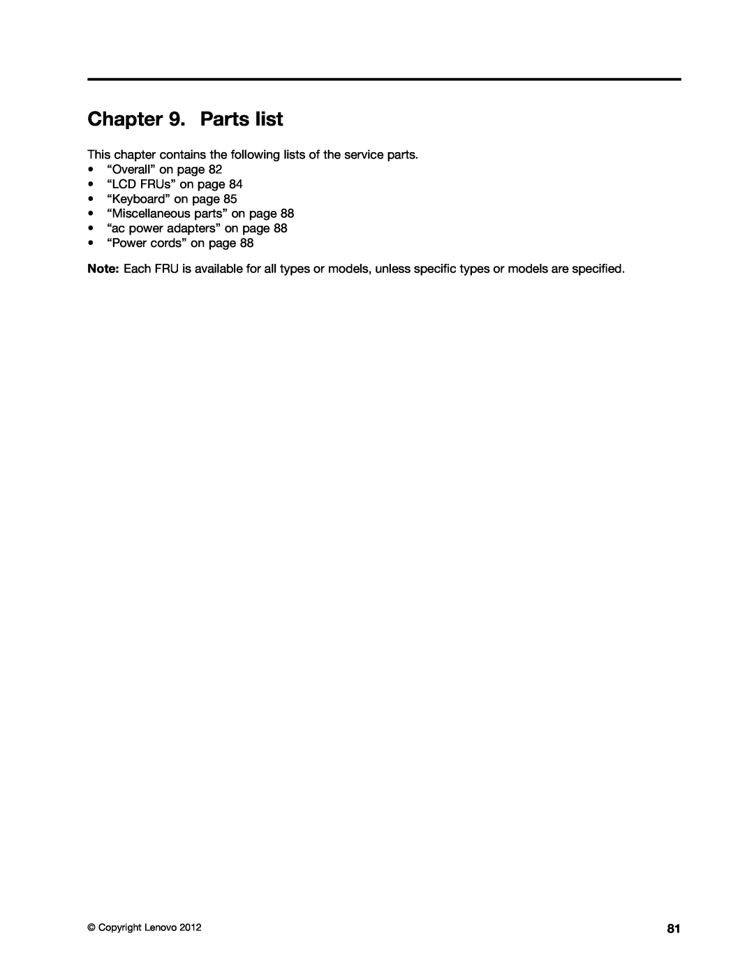 Lenovo B575E manual Parts list, This chapter contains the following lists of the service parts, “Power cords” on page 