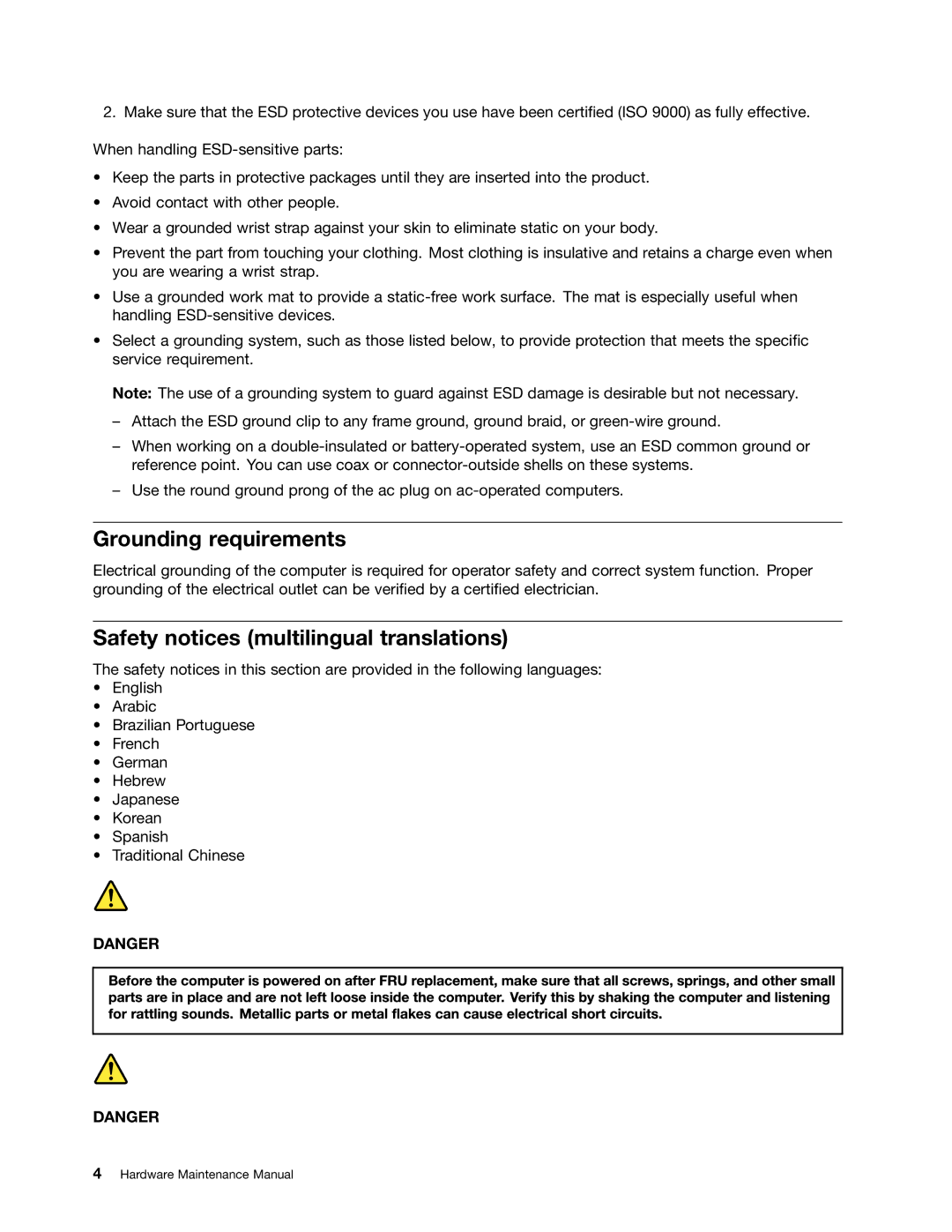 Lenovo B575E manual Grounding requirements, Safety notices multilingual translations 