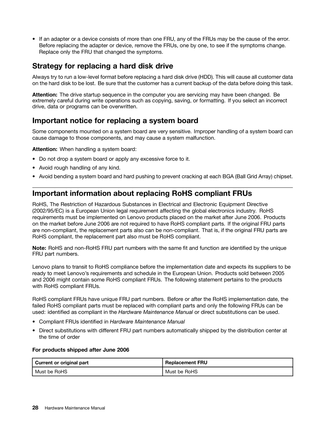 Lenovo B575E manual Strategy for replacing a hard disk drive, Important notice for replacing a system board 