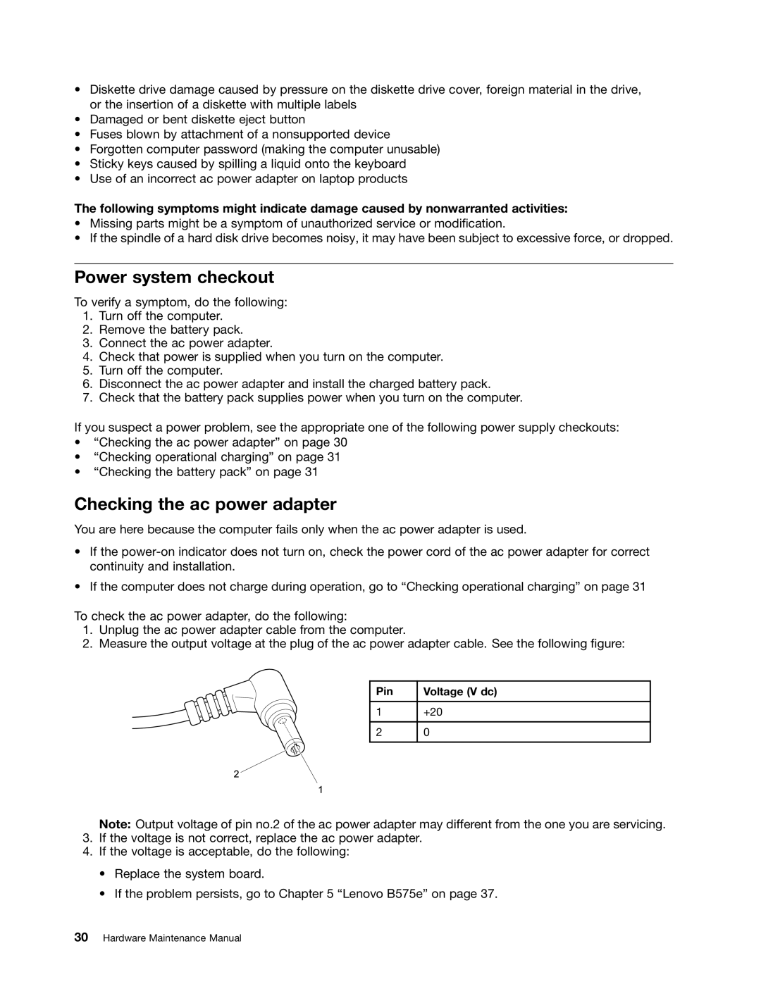 Lenovo B575E manual Power system checkout, Checking the ac power adapter 