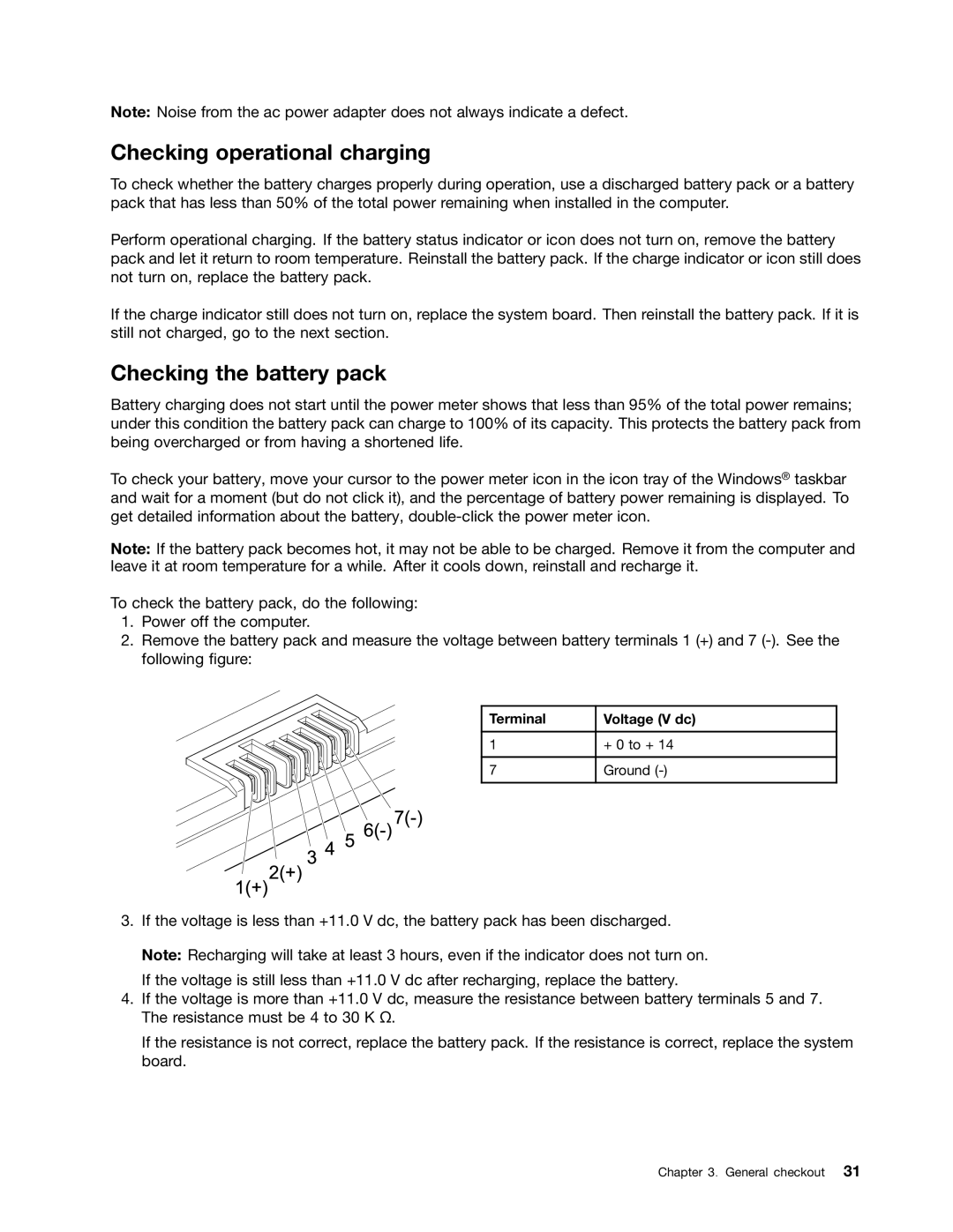 Lenovo B575E manual Checking operational charging, Checking the battery pack 