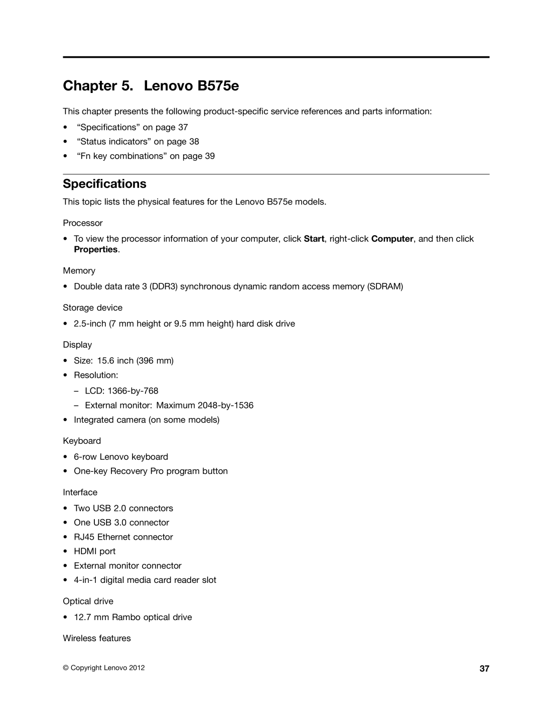 Lenovo B575E manual Lenovo B575e, Specifications 