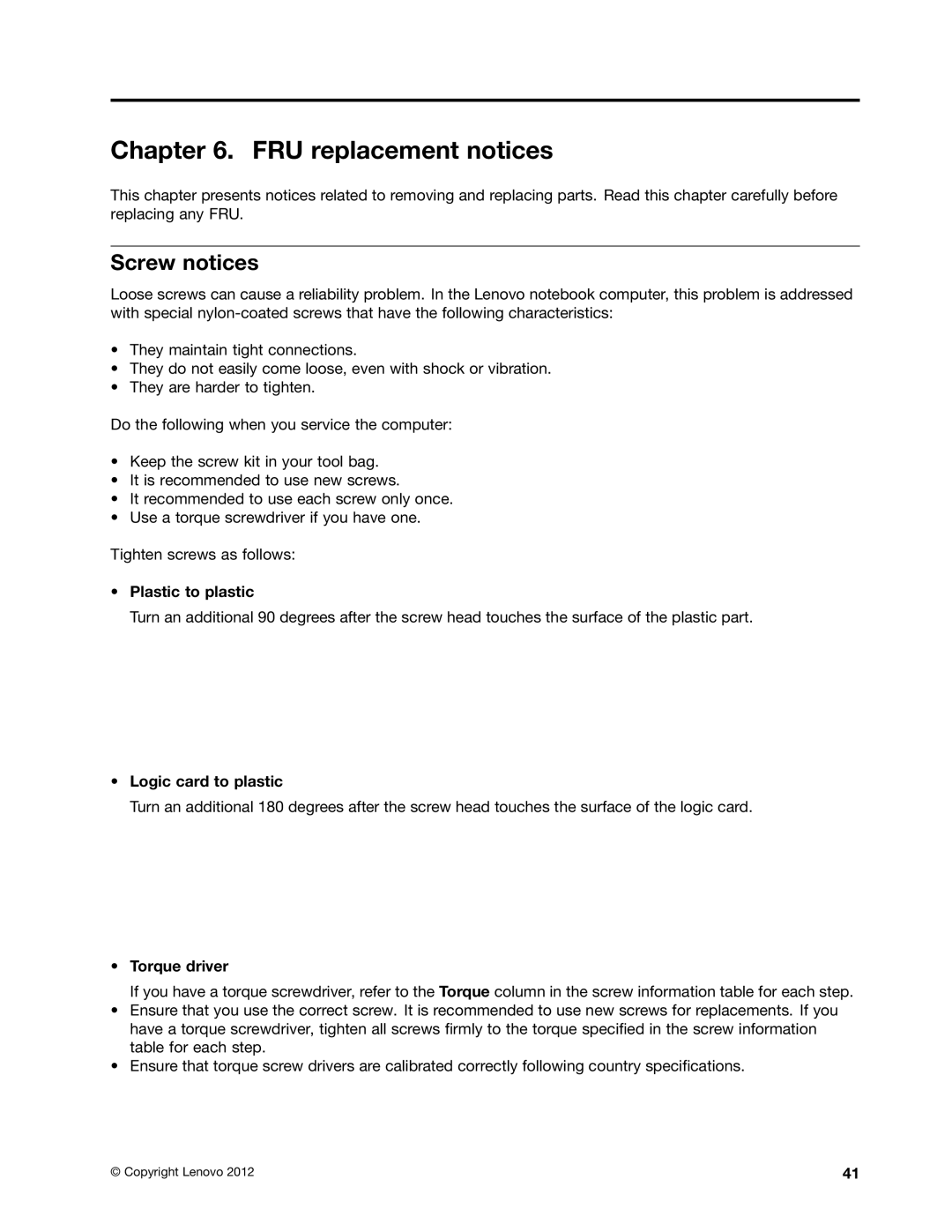 Lenovo B575E manual FRU replacement notices, Screw notices, Plastic to plastic, Logic card to plastic, Torque driver 