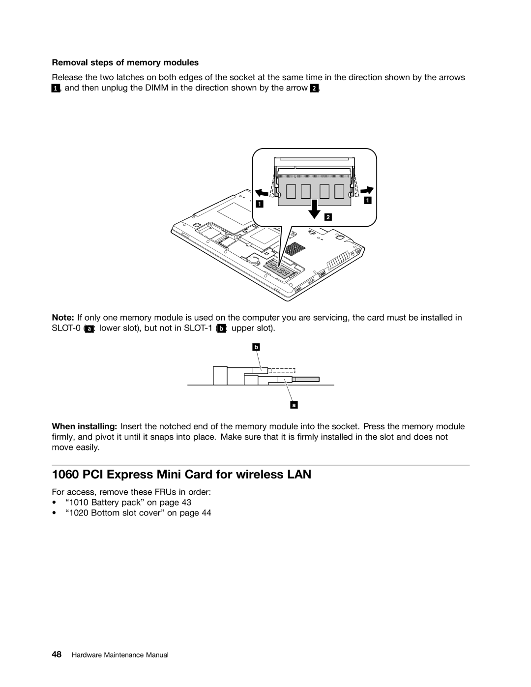 Lenovo B575E manual PCI Express Mini Card for wireless LAN, Removal steps of memory modules 