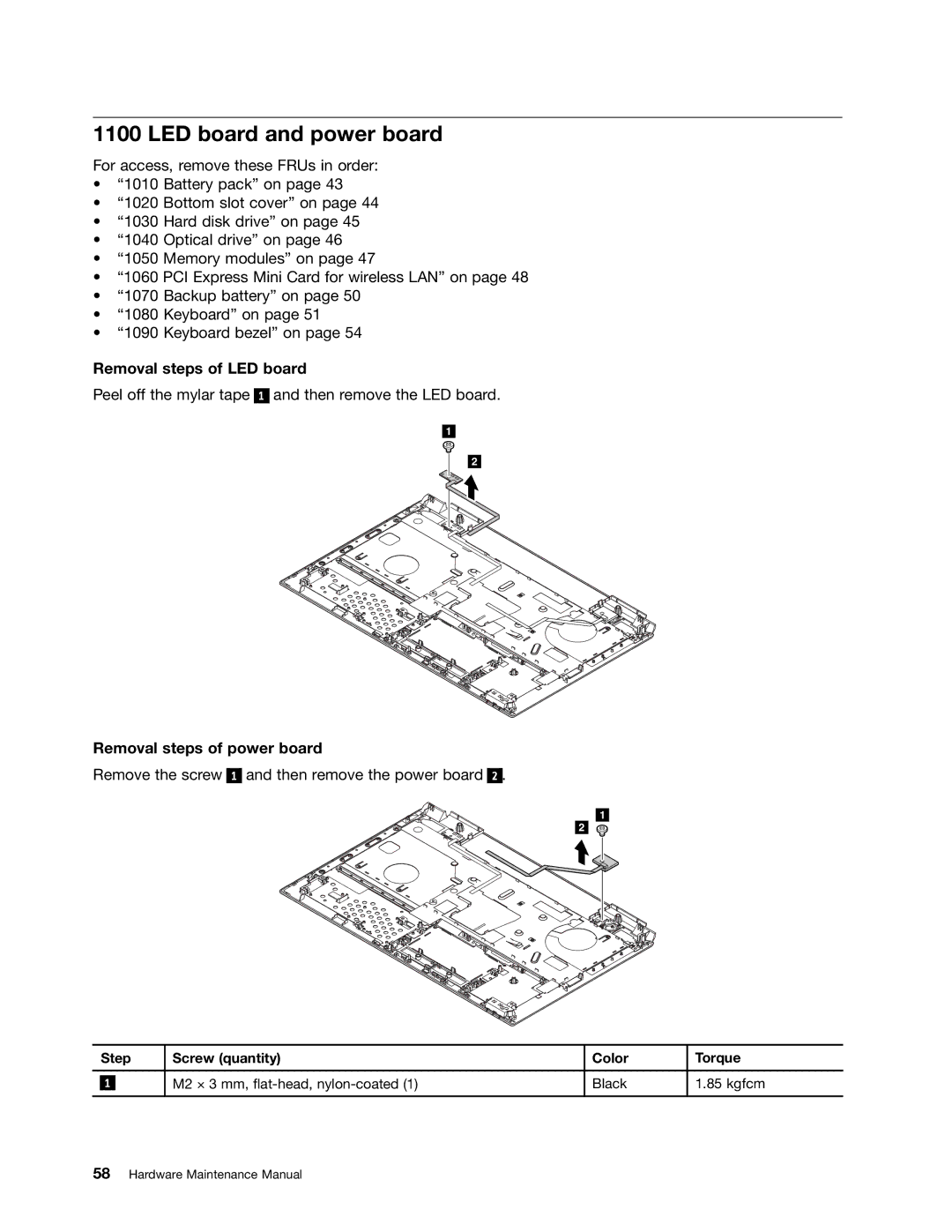 Lenovo B575E manual LED board and power board, Removal steps of LED board, Removal steps of power board 